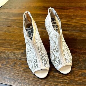 Chico’s mesh backed lace peep toes heels.  9M